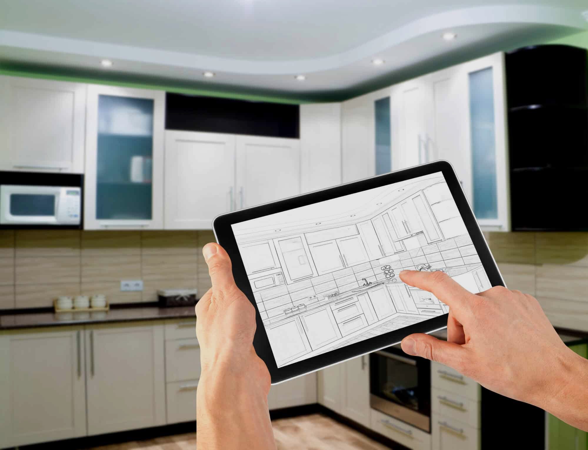 A kitchen plan reviewed on a tablet in the room it was drawn for